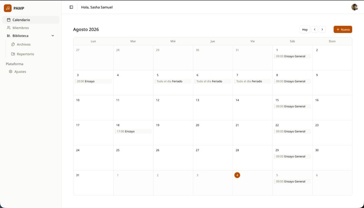 Pantalla de Calendario en Pamp